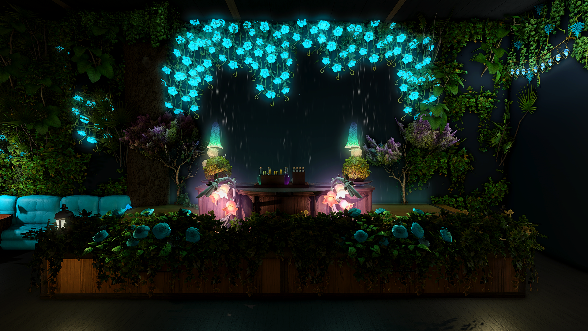 The DJ booth at the Stardust Grove, featuring an array of colorful lights.